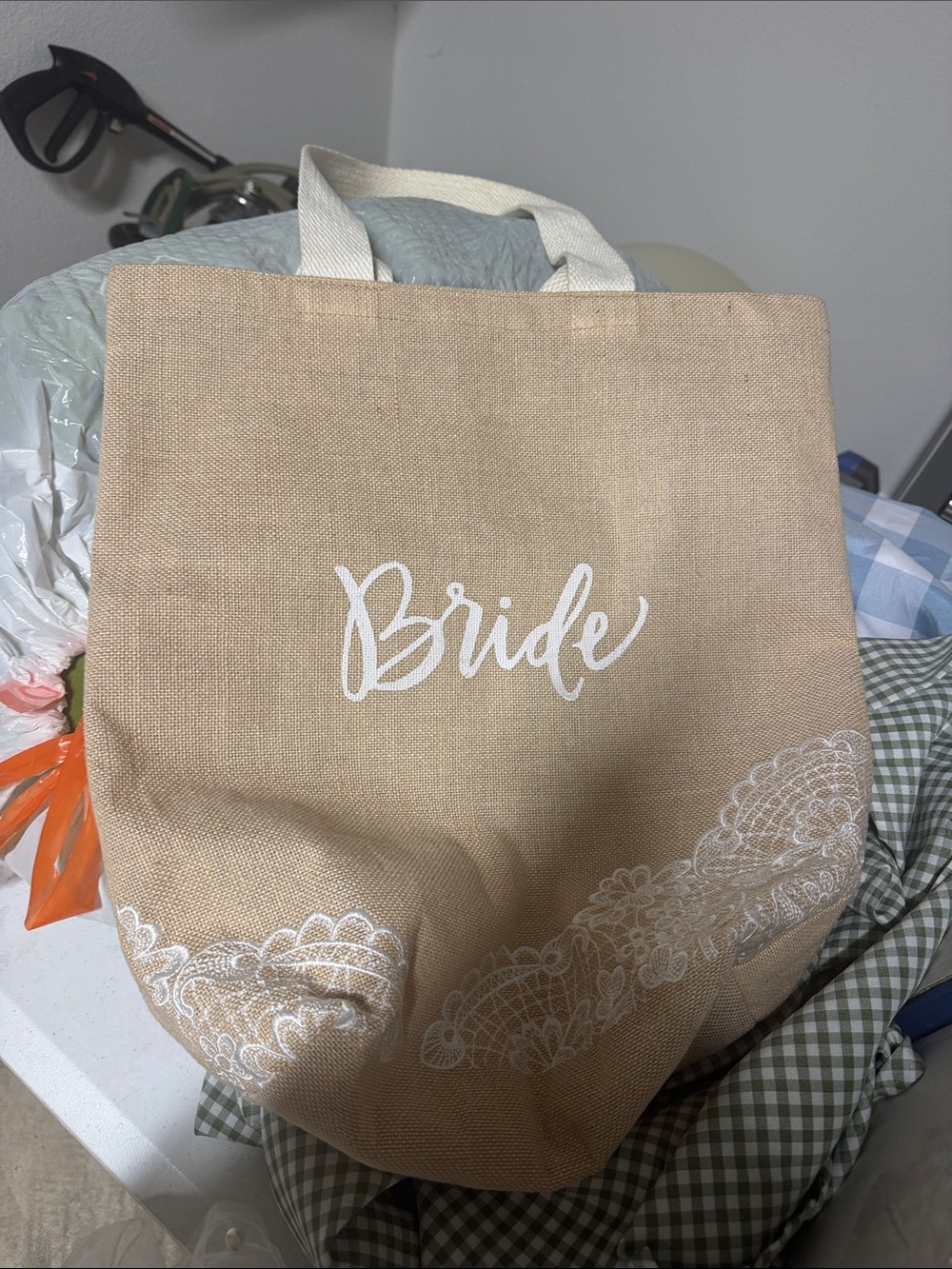 Bride Jute Tote Bag in Natural with White Print